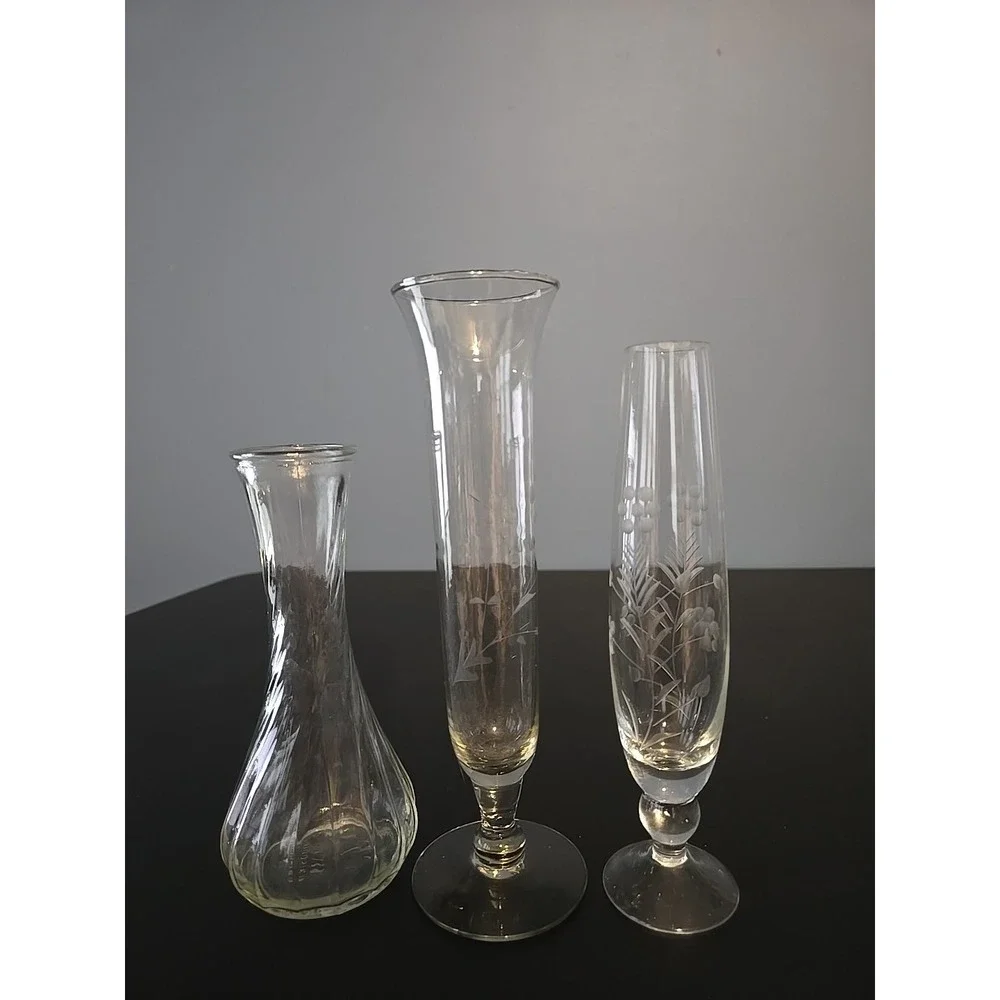 3 Clear‎ Glass Bud Vase Etched Design 8